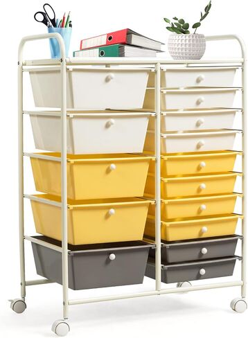 COSTWAY 15 Drawers Storage Cart, Multipurpose Rolling Utility Cart on Wheels w/Lockable Wheels & Removable Drawers, Mobile Tools Scrapbook Paper Organizer Cart for Office School Home, Macaron in Saudi Arabia