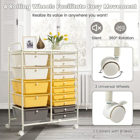 COSTWAY 15 Drawers Storage Cart, Multipurpose Rolling Utility Cart on Wheels w/Lockable Wheels & Removable Drawers, Mobile Tools Scrapbook Paper Organizer Cart for Office School Home, Macaron in Saudi Arabia
