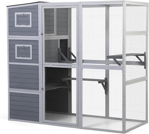 Outdoor Enclosure, 4-Tier Large Cat Catio with Weatherproof Roof, 2 Resting Rooms, 2 Platforms, Walk in Cat Cage Cat House, Wood (Grey) in Saudi Arabia