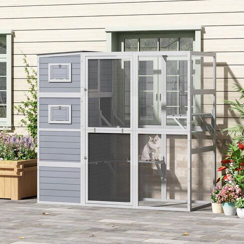 Outdoor Enclosure, 4-Tier Large Cat Catio with Weatherproof Roof, 2 Resting Rooms, 2 Platforms, Walk in Cat Cage Cat House, Wood (Grey) in Saudi Arabia