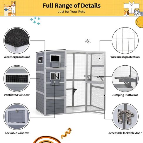 Outdoor Enclosure, 4-Tier Large Cat Catio with Weatherproof Roof, 2 Resting Rooms, 2 Platforms, Walk in Cat Cage Cat House, Wood (Grey) in Saudi Arabia