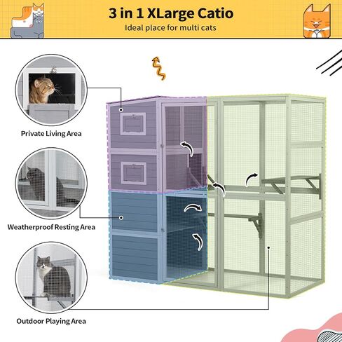 Outdoor Enclosure, 4-Tier Large Cat Catio with Weatherproof Roof, 2 Resting Rooms, 2 Platforms, Walk in Cat Cage Cat House, Wood (Grey) in Saudi Arabia