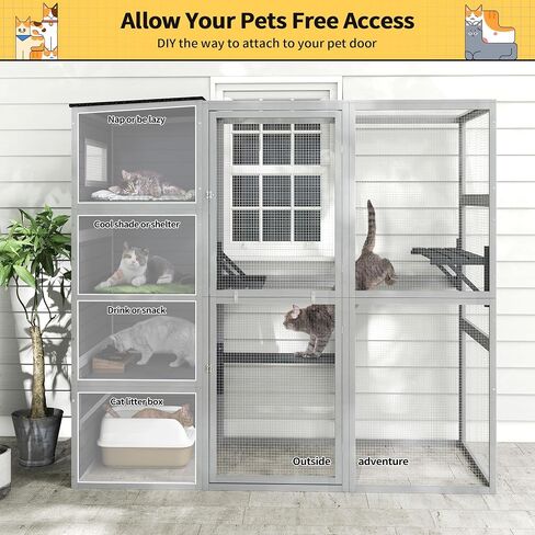 Outdoor Enclosure, 4-Tier Large Cat Catio with Weatherproof Roof, 2 Resting Rooms, 2 Platforms, Walk in Cat Cage Cat House, Wood (Grey) in Saudi Arabia