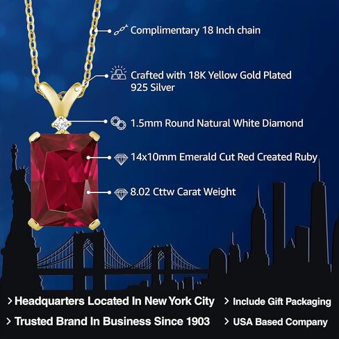 Gem Stone King 18K Yellow Gold Plated Silver Black Onyx and White Diamond Jewelry Pendant Necklace For Women (6.62 Cttw, Gemstone Birthstone, 14X10MM Emerald Cut, with 18 Inch Chain) in Kuwait