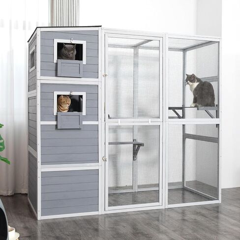 Outdoor Enclosure, 4-Tier Large Cat Catio with Weatherproof Roof, 2 Resting Rooms, 2 Platforms, Walk in Cat Cage Cat House, Wood (Grey) in Saudi Arabia