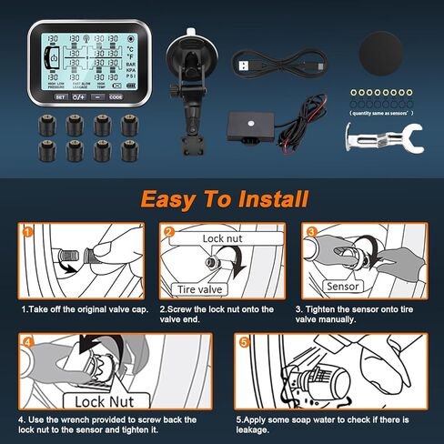 Taimster TPMS لـ RV/الحافلات/الكارفان/المنزل المتنقل/المقطورة/السفر/الشاحنات، نظام مراقبة ضغط الإطارات بالطاقة الشمسية اللاسلكي مع أجهزة استشعار غطاء سهلة التركيب DIY نطاق الضغط 0 ~ 188 رطل لكل بوصة مربعة (0 ~ 13 بار) 8 أجهزة استشعار in Kuwait