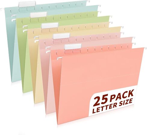 25-Pack Pastel Hanging File Folders, Letter Size (8.5"x11") with 1/5-Cut Tabs,35 Transparent Label Cards, 50 Sticker Labels–Home Office & Filing Cabinets in Kuwait