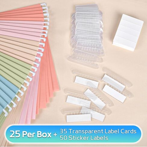 25-Pack Pastel Hanging File Folders, Letter Size (8.5"x11") with 1/5-Cut Tabs,35 Transparent Label Cards, 50 Sticker Labels–Home Office & Filing Cabinets in Kuwait
