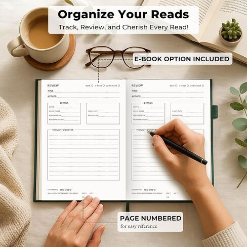 JxSelect Elegant Reading Journal - 60 Book Reviews Logbook مع حامل القلم والجيب الخلفي - تتبع تقدمك في القراءة - هدية مثالية لمحبي الكتب والقراء المتعطشين (Earth Green) in Kuwait