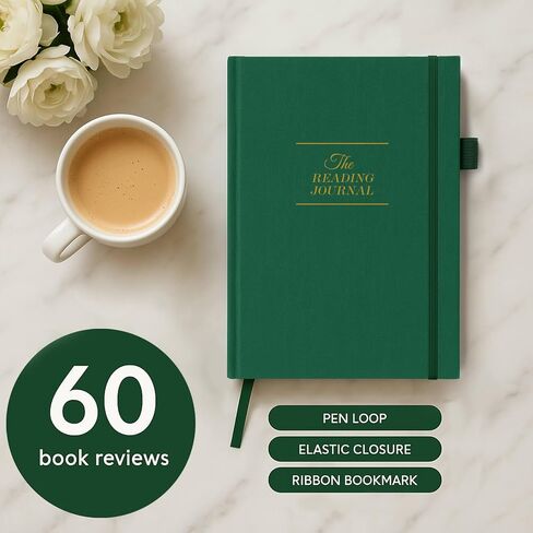 JxSelect Elegant Reading Journal - 60 Book Reviews Logbook مع حامل القلم والجيب الخلفي - تتبع تقدمك في القراءة - هدية مثالية لمحبي الكتب والقراء المتعطشين (Earth Green) in Kuwait
