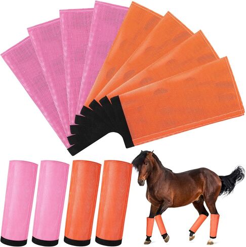 Set of 8 Mesh Fly Boots for Horse Breathable Mesh Horse Boots Protective Loose Wraps Adjustable for Preventing Legs Reduces Flies and Mosquitoes Bites(Orange, Pink,L) in Saudi Arabia