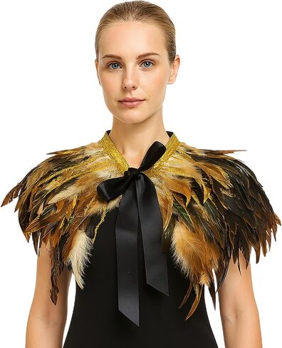 Sequin Feather Cape Collar for Women – Shoulder Shawl Cloak with Ribbon Tie – Christmas Party Costume Accessory (Natural color) in Saudi Arabia