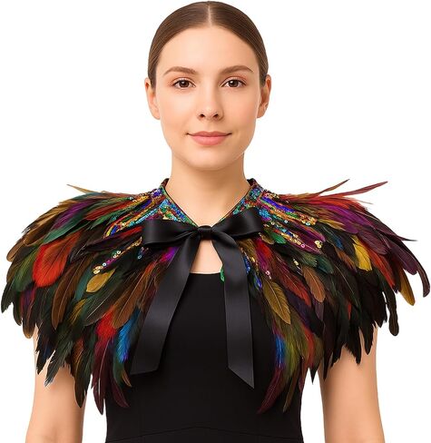 Sequin Feather Cape Collar for Women – Shoulder Shawl Cloak with Ribbon Tie – Christmas Party Costume Accessory (Natural color) in Saudi Arabia