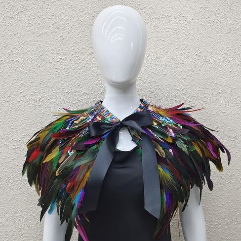 Sequin Feather Cape Collar for Women – Shoulder Shawl Cloak with Ribbon Tie – Christmas Party Costume Accessory (Natural color) in Saudi Arabia