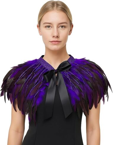 Sequin Feather Cape Collar for Women – Shoulder Shawl Cloak with Ribbon Tie – Christmas Party Costume Accessory (Natural color) in Saudi Arabia