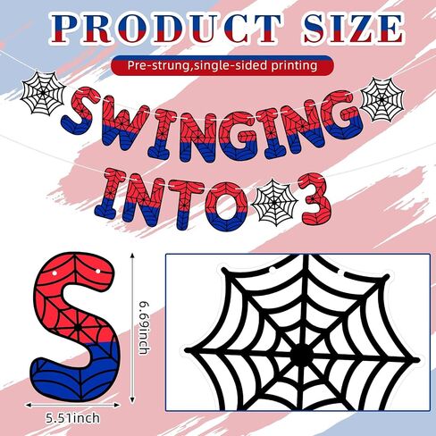 TaoBary Spider Theme 3rd Birthday Banner, Pre-strung Swinging into 3 Banner, Spider 3rd Birthday Decorations Party Supplies for Kids, Decor for 3 Year Old Boys Girls in Kuwait