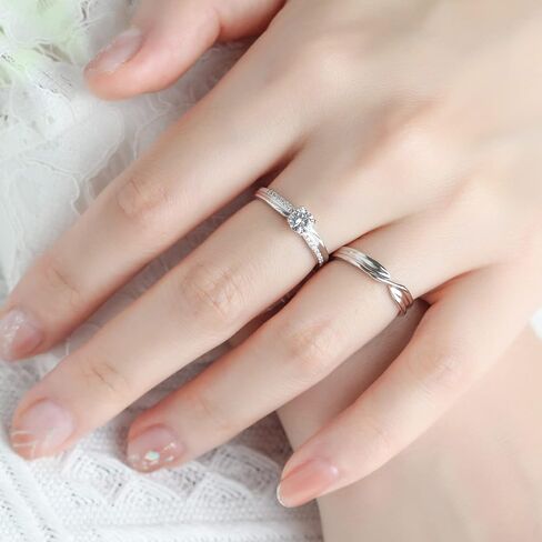 مجموعة خاتم الخاتم مجموعة زفاف ، الحجم قابل للتعديل ، S925 Sterling Silver CZ Stones Ring ، حلقة مطابقة بسيطة الحد الأدنى لها (2.9 مم مع الحجارة) in Saudi Arabia