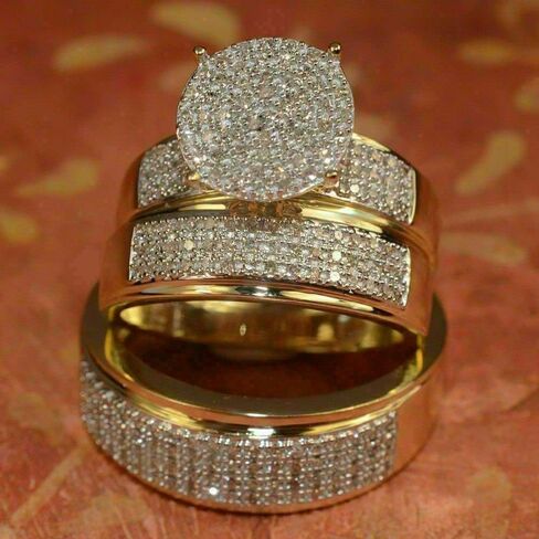 Finecreation_usa !! 14K Yellow Gold Finish Diamond Bridal Wedding Ring His Her Trio Wedding Band Set Couple His & Hers Trio 3 Three Ring Bridal Engagement Wedding Ring (white, 8) in Saudi Arabia