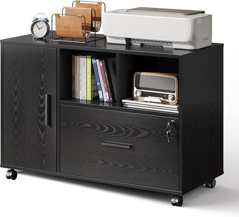 DEVAISE Office File Cabinet with Lock, 1-Drawer Wood Lateral Filing Cabinet on Wheels, Printer Stand with Open Storage Shelves for Home Office, White in Saudi Arabia