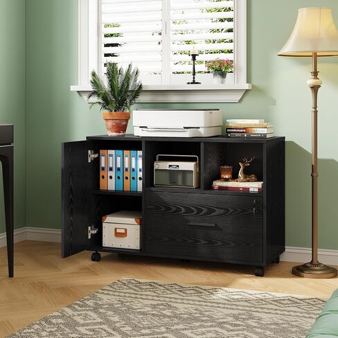 DEVAISE Office File Cabinet with Lock, 1-Drawer Wood Lateral Filing Cabinet on Wheels, Printer Stand with Open Storage Shelves for Home Office, White in Saudi Arabia
