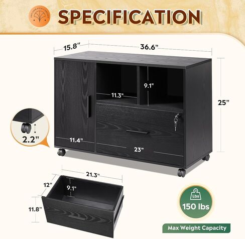 DEVAISE Office File Cabinet with Lock, 1-Drawer Wood Lateral Filing Cabinet on Wheels, Printer Stand with Open Storage Shelves for Home Office, White in Saudi Arabia