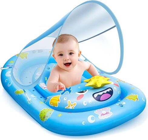 Baby Float with Canopy- UPF50+ Sun Protection Baby Pool Float，Inflatable Kids Pool Float with Adjustable Safety Seat for 6-36 Months Kids Kiddie Boys Girls Swimming,with Marine Animal Floating Toys in Saudi Arabia