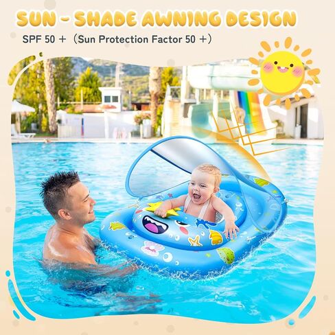 Baby Float with Canopy- UPF50+ Sun Protection Baby Pool Float，Inflatable Kids Pool Float with Adjustable Safety Seat for 6-36 Months Kids Kiddie Boys Girls Swimming,with Marine Animal Floating Toys in Saudi Arabia