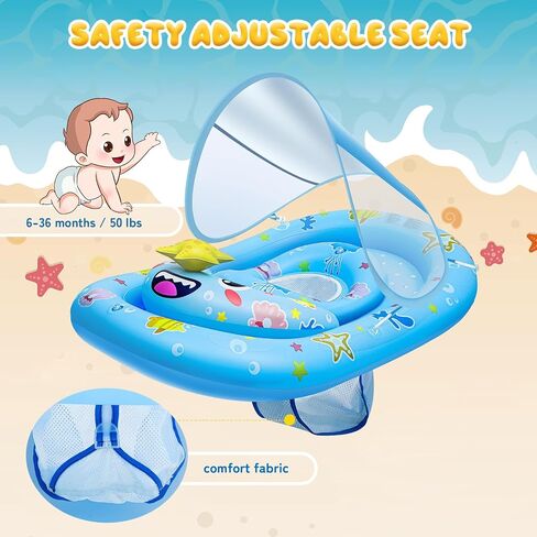 Baby Float with Canopy- UPF50+ Sun Protection Baby Pool Float，Inflatable Kids Pool Float with Adjustable Safety Seat for 6-36 Months Kids Kiddie Boys Girls Swimming,with Marine Animal Floating Toys in Saudi Arabia