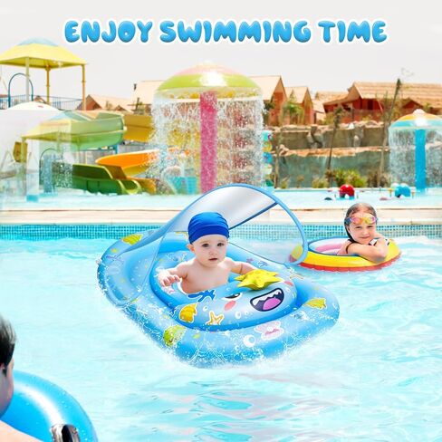 Baby Float with Canopy- UPF50+ Sun Protection Baby Pool Float，Inflatable Kids Pool Float with Adjustable Safety Seat for 6-36 Months Kids Kiddie Boys Girls Swimming,with Marine Animal Floating Toys in Saudi Arabia