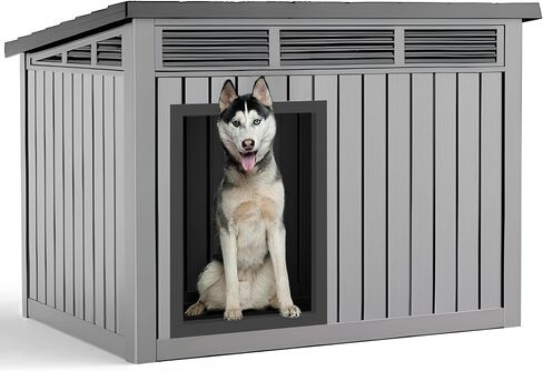 Vixzen Dog House داخلي في الهواء الطلق ، منزل كلب مقاوم للماء للكلاب الصغيرة إلى الكبيرة ، ووزنه مع فتحات التهوية والأرضية المرتفعة ، والقابل للفتح في الأعلى ، وسهل التجميع والنظيف ، والرمادي ، 42.87 "× 32.95" × 31.61 " in Kuwait