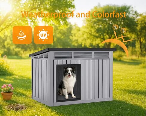 Vixzen Dog House داخلي في الهواء الطلق ، منزل كلب مقاوم للماء للكلاب الصغيرة إلى الكبيرة ، ووزنه مع فتحات التهوية والأرضية المرتفعة ، والقابل للفتح في الأعلى ، وسهل التجميع والنظيف ، والرمادي ، 42.87 "× 32.95" × 31.61 " in Kuwait