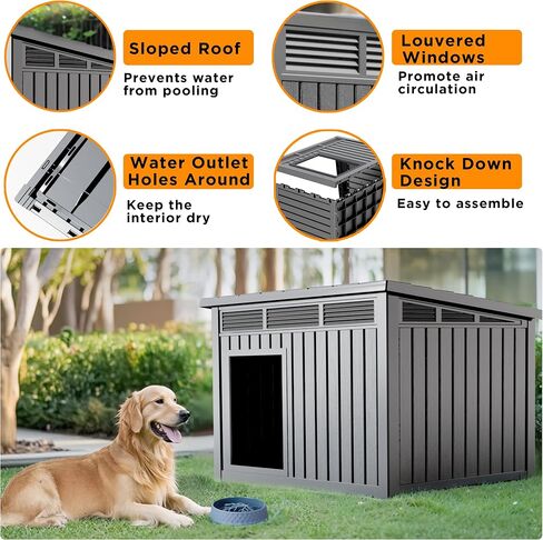 Vixzen Dog House داخلي في الهواء الطلق ، منزل كلب مقاوم للماء للكلاب الصغيرة إلى الكبيرة ، ووزنه مع فتحات التهوية والأرضية المرتفعة ، والقابل للفتح في الأعلى ، وسهل التجميع والنظيف ، والرمادي ، 42.87 "× 32.95" × 31.61 " in Kuwait