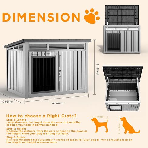 Vixzen Dog House داخلي في الهواء الطلق ، منزل كلب مقاوم للماء للكلاب الصغيرة إلى الكبيرة ، ووزنه مع فتحات التهوية والأرضية المرتفعة ، والقابل للفتح في الأعلى ، وسهل التجميع والنظيف ، والرمادي ، 42.87 "× 32.95" × 31.61 " in Kuwait