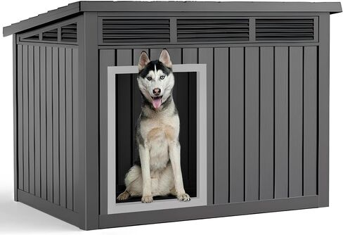Vixzen Dog House داخلي في الهواء الطلق ، منزل كلب مقاوم للماء للكلاب الصغيرة إلى الكبيرة ، ووزنه مع فتحات التهوية والأرضية المرتفعة ، والقابل للفتح في الأعلى ، وسهل التجميع والنظيف ، والرمادي ، 42.87 "× 32.95" × 31.61 " in Kuwait
