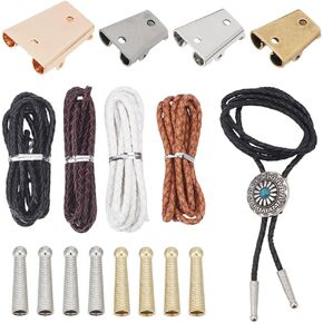 Nbeads 16 PCS Bolo Tie Tie Steptings Kit ، إكسسوارات مشبك Bolo Tie مع 8pcs سبل سلك نهاية 4pcs مشابك شريحة Iron Bolo و 4.36 ياردة (4M) حبل العنق الجلدي لربطة عنق البولو