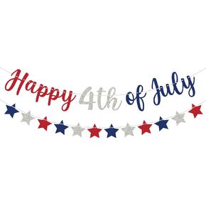 4th of July Banner Happy 4th of July Red Blue and Glitter White Star Pre-Assembled Patriotic Independence Day Decorations Hanging Banners Sign Party Decorations for Mantle,Porch,Party Supplies