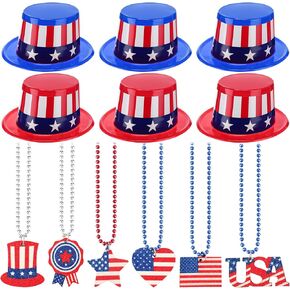 12 Pcs 4th of July Accessories Bulk 6 Patriotic Plastic Top Hat 6 Red White and Blue Necklaces USA Patriotic Party Supply for Independence Day Memorial Day Parades Gift Favor