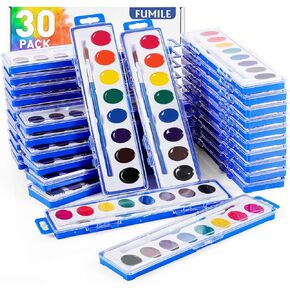 FUMILE Watercolors Paint Set Bulk,30 Pack 8 Washable Bright Colors with Paintbrush.Watercolors Paint Set Kids for Parties,Art Lessons,Birthday Party Favor,valentines for kids classroom,All Ages.