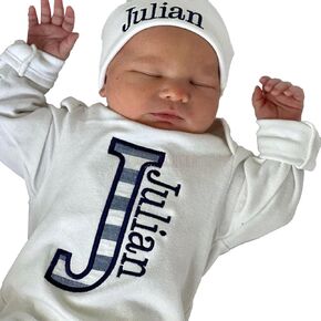 Personalized Baby Romper and Hat, Embroidered Monogrammed Newborn Baby Coming Outfits Custom Infant Baby Bodysuit Sleeper Baby Shower Gift (Style A)
