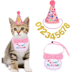 3Pcs Cat Birthday Party Supplies, Cat Dog Birthday Hat Bandana Tie with Numbers Collar Dog Tutu Hat Scarf Decorations Suitable Small to Medium Sized Cats Dogs (Pink White Gold)