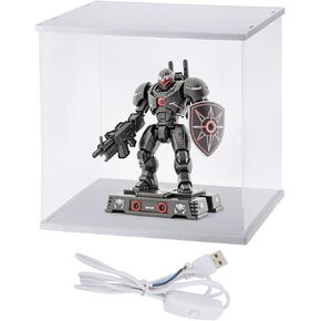 MECCANIXITY Clear Display Case, Acrylic Figure Display Case Clear Display Boxes for Collectibles, Figures Model Toys Home Storage(with Line LED Light, 6x6x8 Inch White Base)