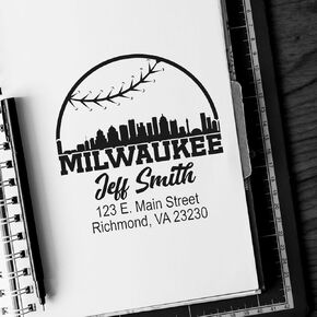 Custom Address Stamp Washington Baseball Silhouette Self-Inking Return Mail Stamper | Personalized DC City Skyline Design Home Office Business Square Rubber Ink Stamping Kit 1-5/8" | MLB Fan Gift