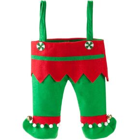 Elf Pants Stocking - Festive Design with Jingle Bells | Soft Felt Fabric | Merry Details: Pom-Poms, Candy-Striped "Buttons," Suspenders | 6" Suspenders, 20" x 10.5" Overall | 100% Polyester - Solid