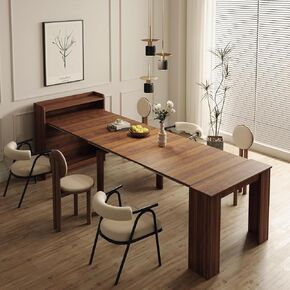 DMAITH 20"-99" Extendable Dining Table with Storage for 2-10 People, Modern Modular Extension Table, Space-Saving Extra Long Folding Dining Table, Multifunctional Conference Meeting Table, Walnut