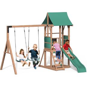 All Spruce Wooden Swing Sets for Backyard for Kids 3-12, Swingset Outdoor for Kids, Outdoor Kids Swing Sets for Backyard with 2 Belt Swings, Slide, Climber, Sandbox Area, Blackboard, Play Deck