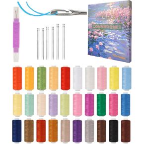 Connimonet 30 Colors Polyester Sewing Thread Kit,250 Yards Each,with Self Threading Sewing Needles and 2in1 Tool for Needle Threader and Seam Ripper,for Machine and Hand Stitching,Sewing Kit