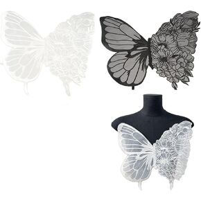 2Pcs Large Butterfly Embroidery Appliques, Lace Embroidery Patch Fabric Trim Clothes Sewing Applique Sew On Patch for Wedding Dress Bridesmaid DIY Decor, white