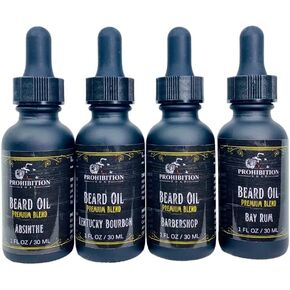 Beard Oil, With Organic Jojoba and Argan Oil, Premium Blend, for All Beard Types (Prohibition Beard Oil 4 Pack)