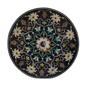 Round Black Marble Dining Table Top Floral Semi Precious Stone Inlay Marble Table Top Floral Semi Precious Stone Inlay Handmade Work (48"x48")