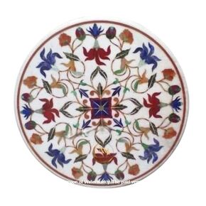 White Marble Inlay Coffee Table Top Lapis Stone Inlaid Tables with Beautiful Lotus Flower Handmade Pietra Dura Art (30"x30")